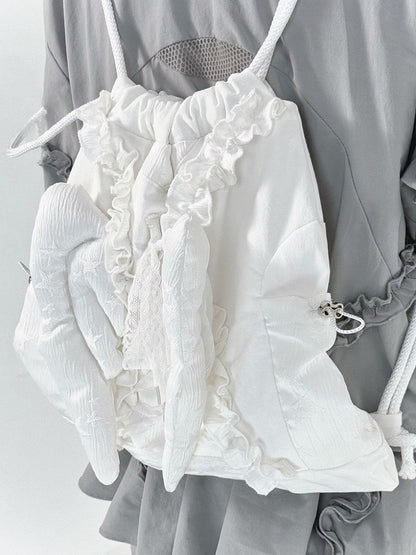 Wing Drawstring Shoulder Bag with Ruffle - PICKYBONE