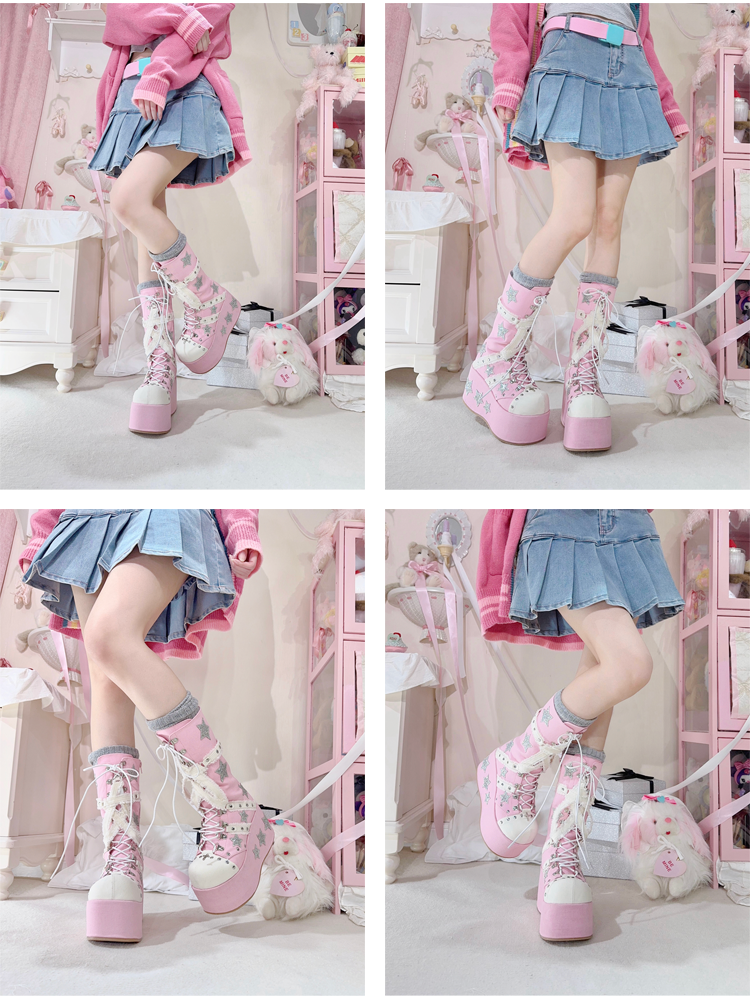 with Star Calf-Length Lace-up Style Appliques Pink Chunky Shining Gyaru Front Platform Boots