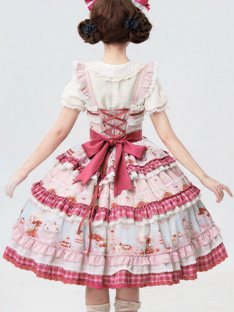 Pink Cherry Cake Print Sweet Lolita Dress with Layered Ruffles - Strawberry Fantasy