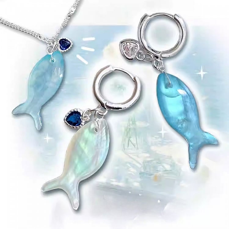 Y2K Necklace Blue/White Fish Heart And Bittersweet Rhinestone Pendant