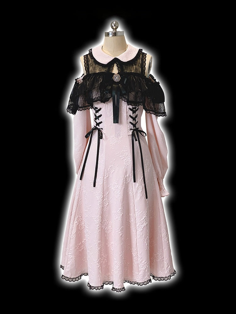 Pink Bow Shoulder Jirai Version Lace Black Long-Sleeve Kei Cutout Dress Decor Rhinestone Long