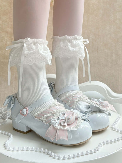 - Low Heels Pink mit Clip Style Lolita Sweet A Candy-Decorated Heart Shoe Bow Blue