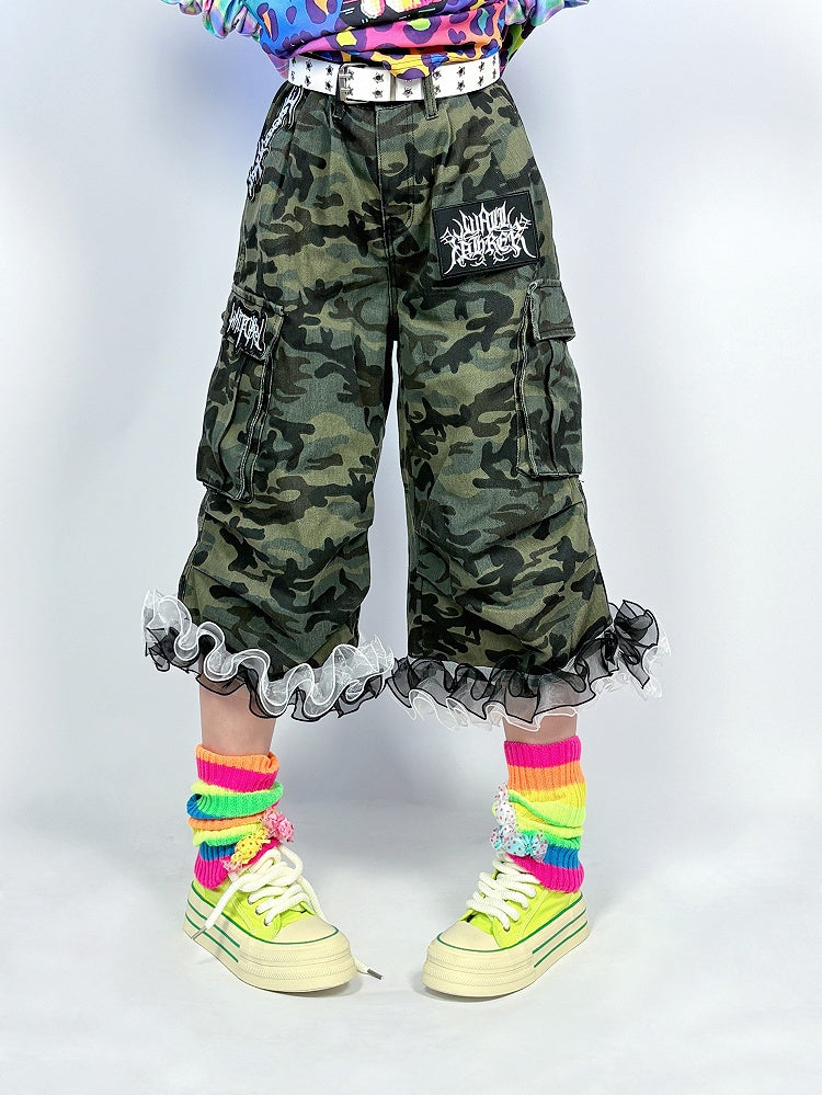 with Cargo Flounce Y2K Cuffs Capris Camouflage Denim