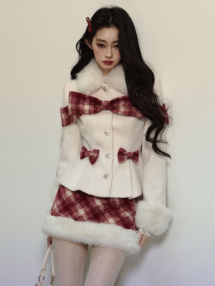 アプリコットチェック柄リボンアクセントウールジャケット