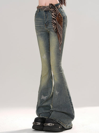 Denim Blue Rhinestone Butterflies Adorned Faded Wash Fishtail Jeans