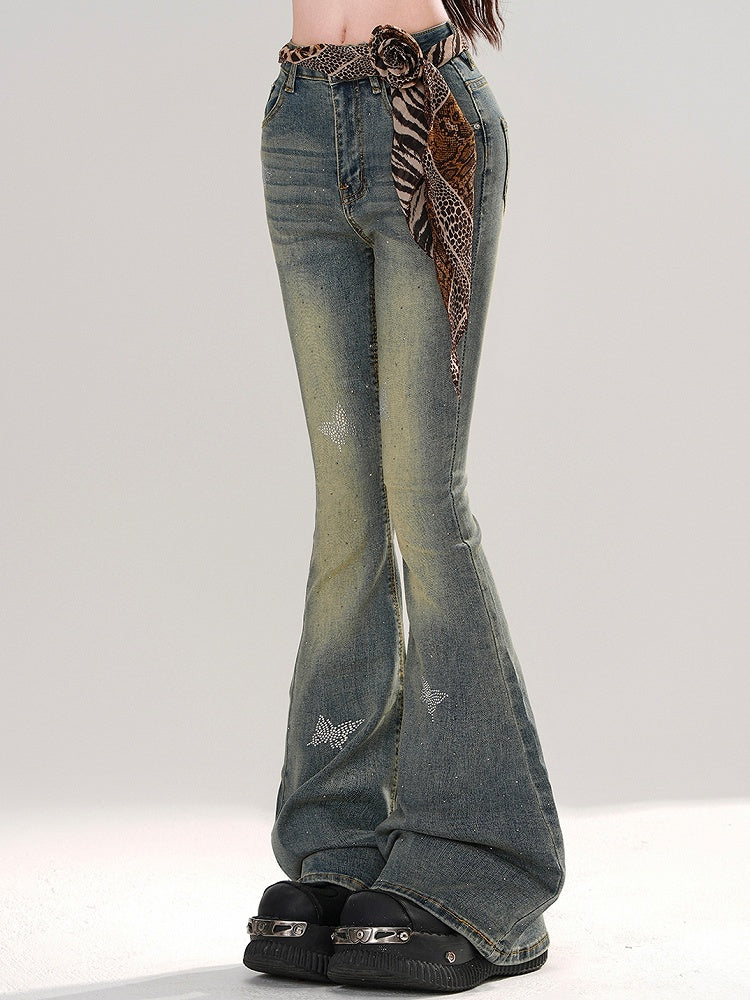 Jeans Strass Schmetterlinge Waschung Verziert Blau Verblasst Fischschwanz Denim