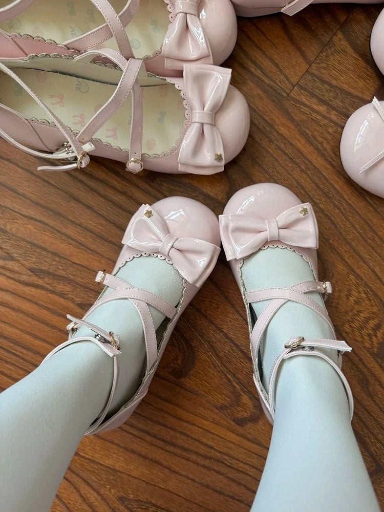 Sweet Lolita Cream Pink Bow Platform Shoes
