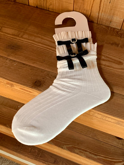 Black Bow Socks Mid-Calf / White Accent Balletcore