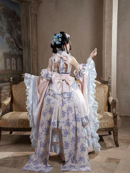 Porcelain Theme Asymmetrical Flounce Hem Lolita Dress Set with Detachable Sleeves - Your Highness
