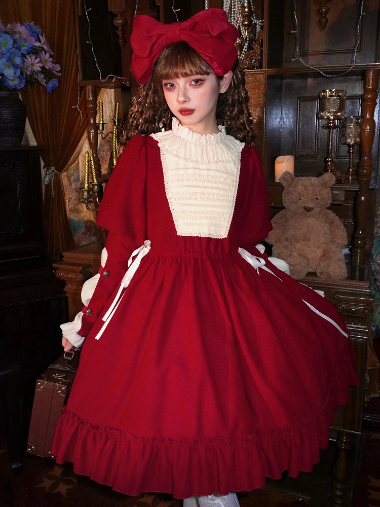 Waist Drawstring Brooch Sleeves and Red Bow Beige Juliette Dress with Lolita Version Short