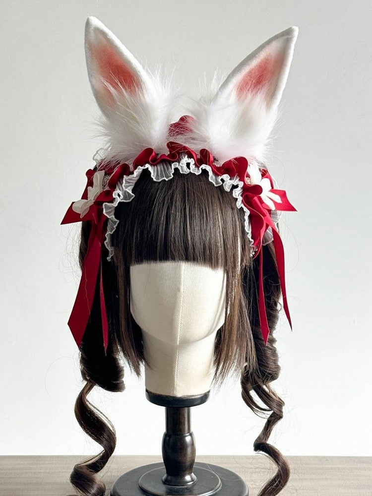 Rosa Ohren und rot/pink/schwarzes Kaninchen Daisy mit Haarband Dekoration Lolita Spitze
