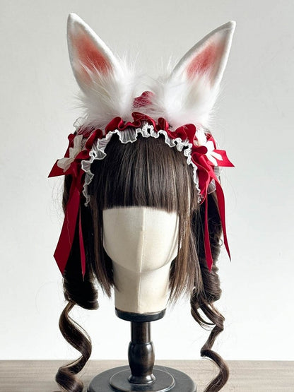 Rosa Ohren und rot/pink/schwarzes Kaninchen Daisy mit Haarband Dekoration Lolita Spitze