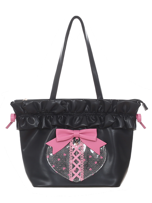 Jirai Kei Pink/Black Ruffled Shoulder Bag with Bow Accent