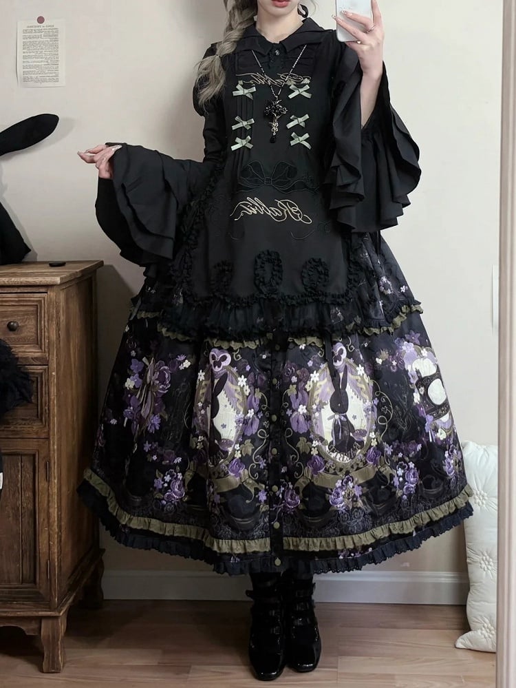 Front Placket Floral Bunny and with Jacquard Lolita Skirt Print Button