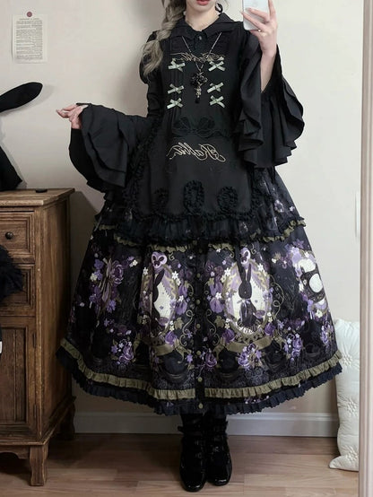 Front Placket Floral Bunny and with Jacquard Lolita Skirt Print Button