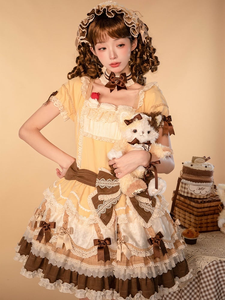 Details Yellow Waist Dropped Layered Hem Bowknot Lolita Dress Sweet