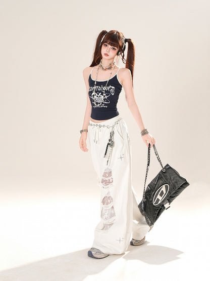 Weiße Jeans mit weitem Bein und Kordelzug in der Taille