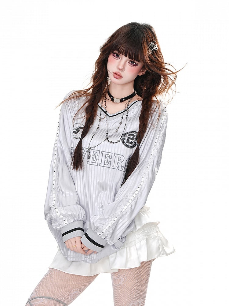 Lockeres Sweatshirt mit V-Ausschnitt und Streifenmuster in Rosa/Grau