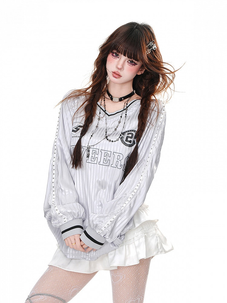 Loose V-Neck Sweatshirt Pink/Gray Striped Pattern