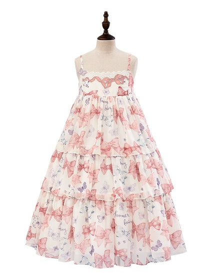 ピンクのハイウエスト蝶結びティアードスカートサマーロリータドレス