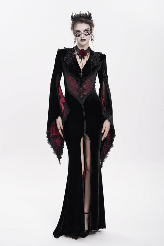 Black and Red V-Neck Long Trumpet Sleeves Floral Embroidered Velvet Gothic Dress