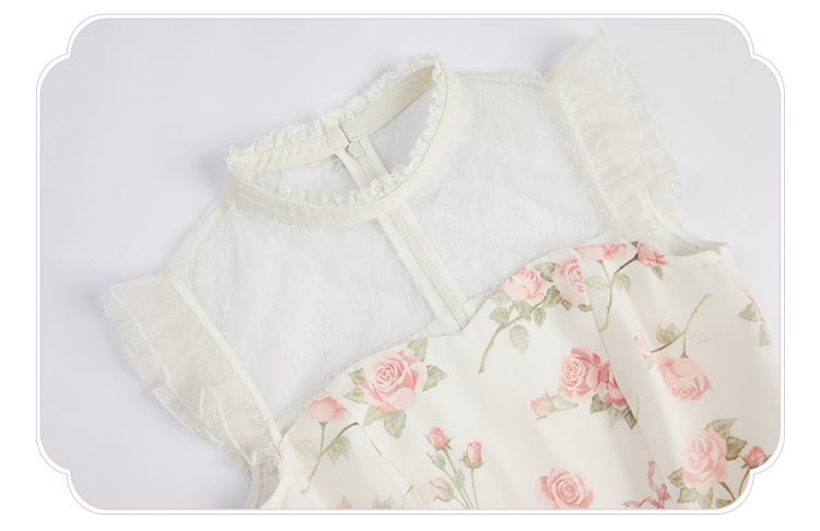 Kleid Rosa Print Rosette Weiß Illusion Lolita Sommer Ausschnitt