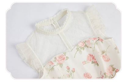 Kleid Rosa Print Rosette Weiß Illusion Lolita Sommer Ausschnitt