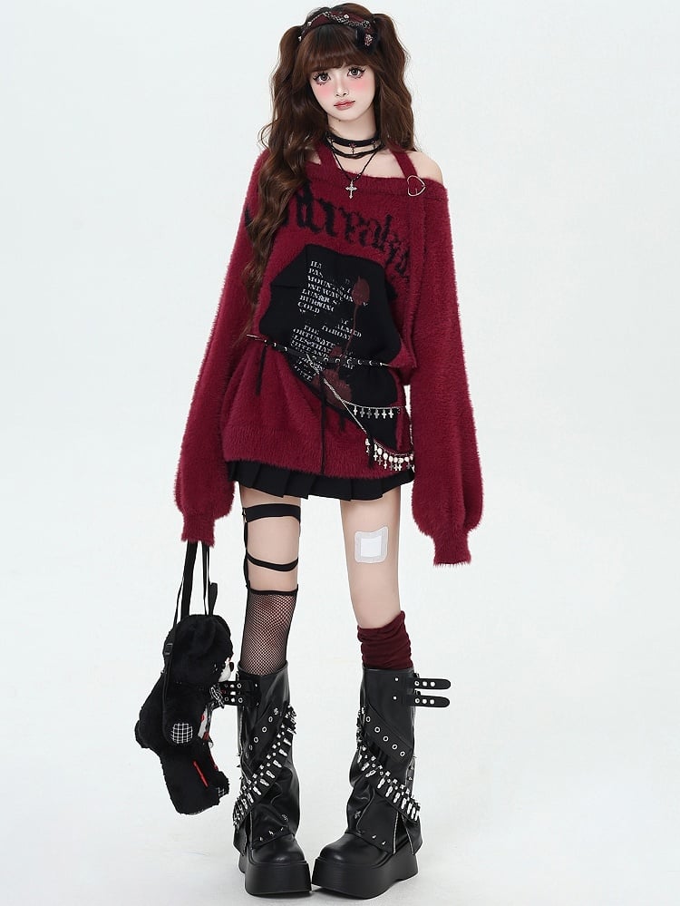 Black/Wine Red/Purple Letter Graphic Halter Neck Loose Sweater