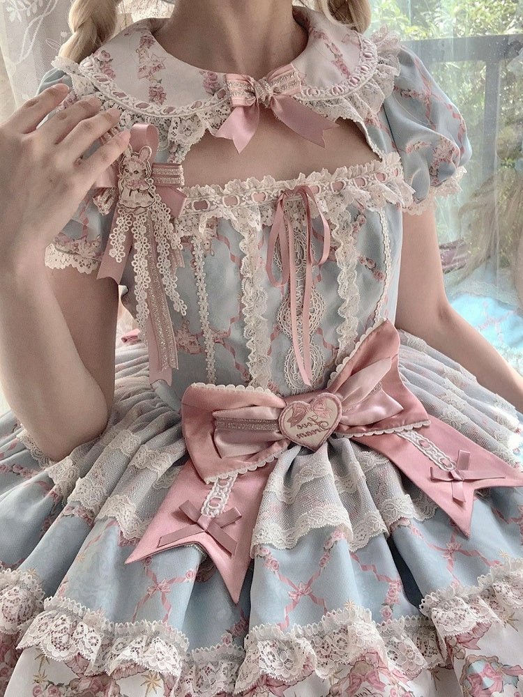 Peter Pan Collar Short-Sleeve OP Dress in Sweet Blue & Pink with Toy Bed Print - Alice Girl