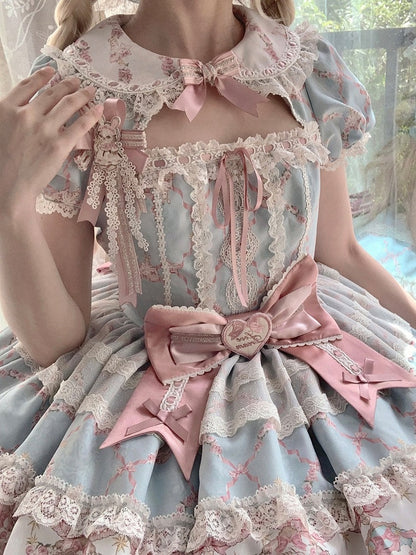 Peter Pan Collar Short-Sleeve OP Dress in Sweet Blue & Pink with Toy Bed Print - Alice Girl