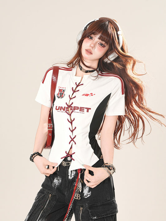 White Lace-up Front Slim-Fit T-Shirt