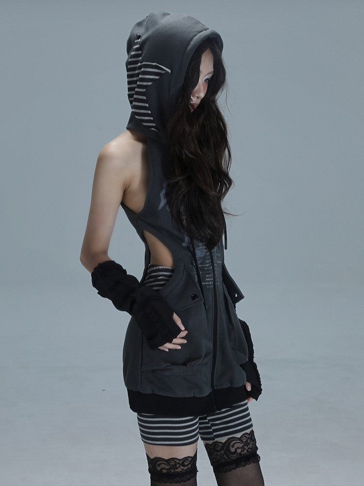Coordinated Striped Hoodie Dark Zip-front Dress Cutout Gray Set: Punk Shorts Streetwear Graffiti