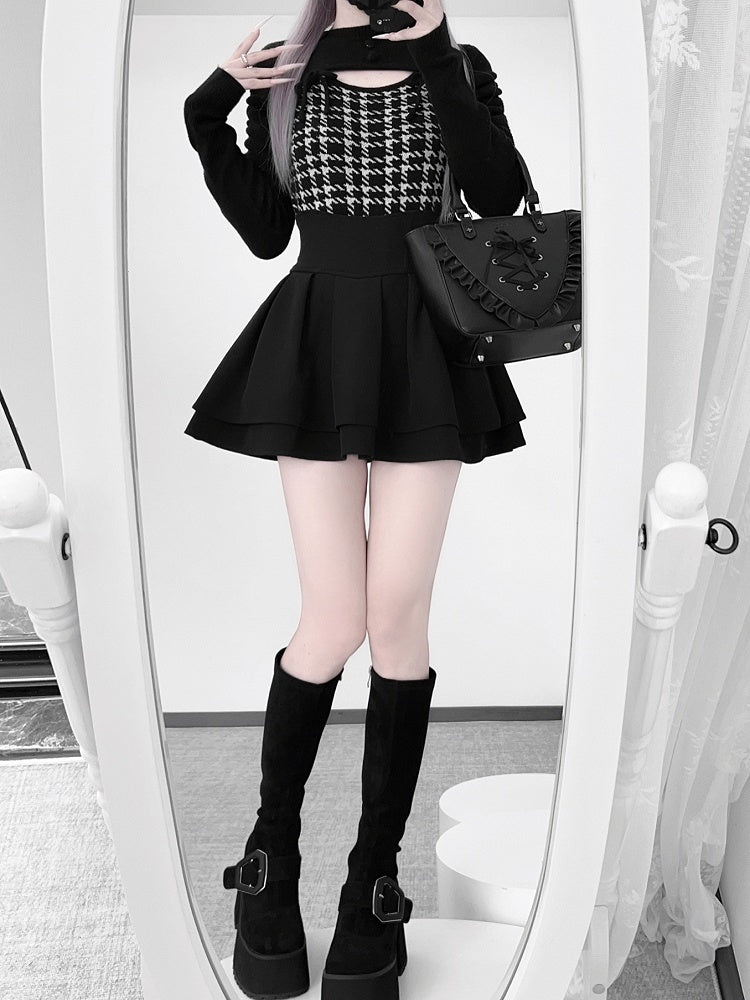 Mature Edgy Style Black Houndstooth in Sweater Open-Front | Landmine Knit