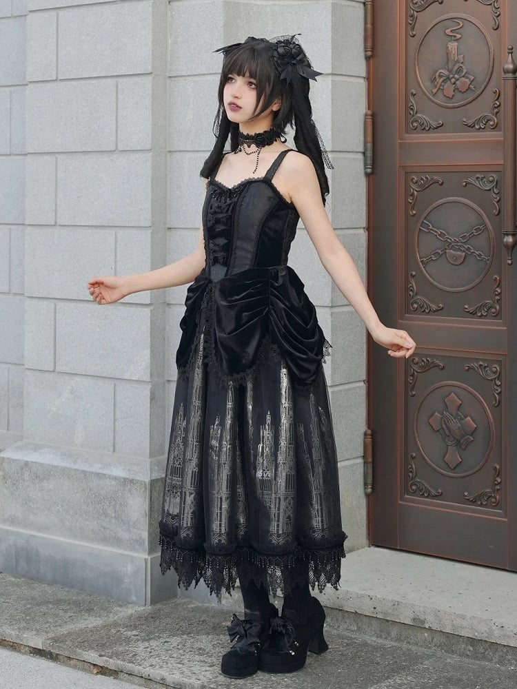 and Gothic Cathedral Waist Drapery JSK Dress Lolita with Velvet Black Print