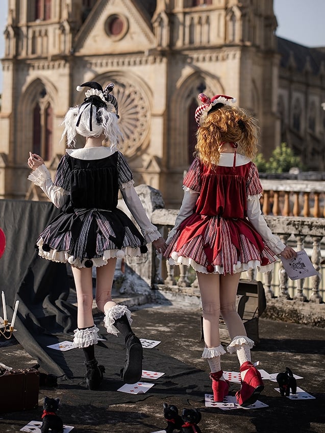 Lolita Panel OP Juliette + Belt Clowncore Stripes Bow Waist Dress Black - Sleeves KC Printed Detachable Set