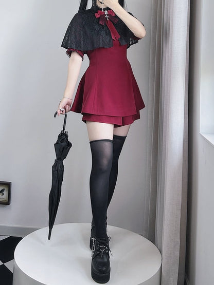 Black Kei Top Lace Set- Tie Detachable Gothic Short Faux Sleeve + Pointed Full Jirai Bow Collar Red Cape Coord Shorts