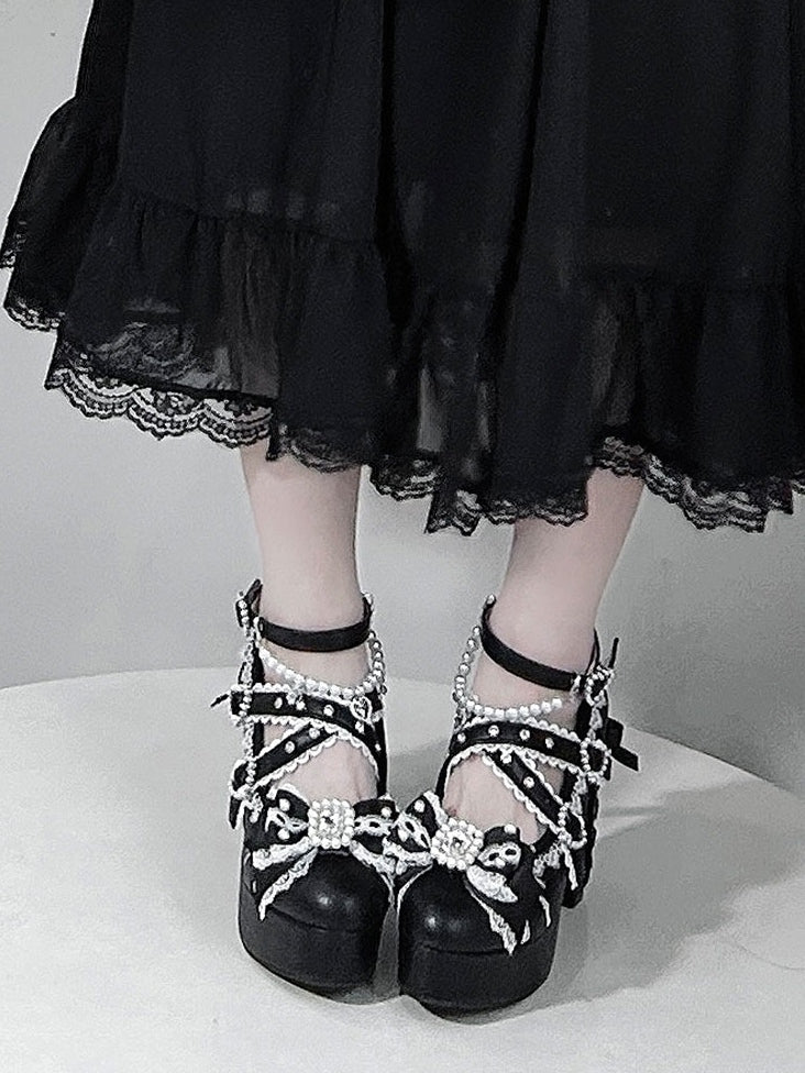 Black Platform Heels with Lace-Up Design - Sheep Puff