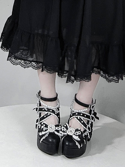 Black Platform Heels with Lace-Up Design - Sheep Puff