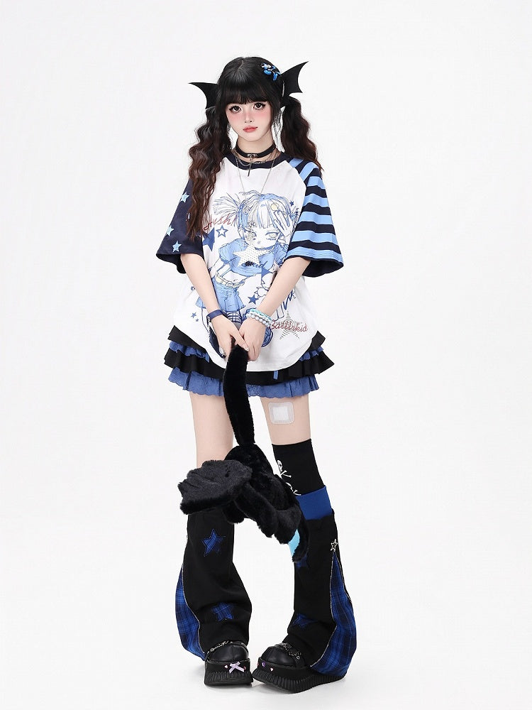 Otaku Kawaii Star-Stripe Tee with Anime Girl Graphic, Blue White - CRAZY GIRL
