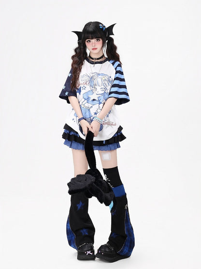 Otaku Kawaii Star-Stripe Tee with Anime Girl Graphic, Blue White - CRAZY GIRL