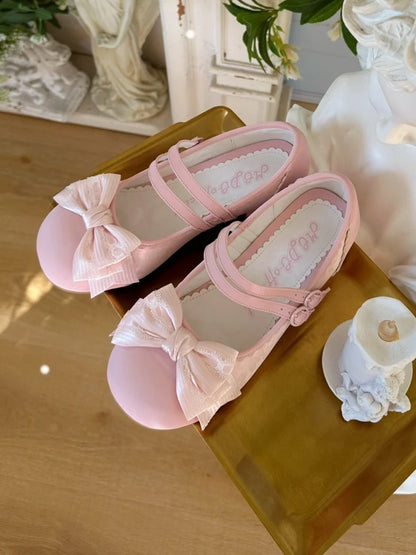 Round Pink Shoes Leather Double Buckle Style Bow for PU with Elegant Design Toe - Lolita
