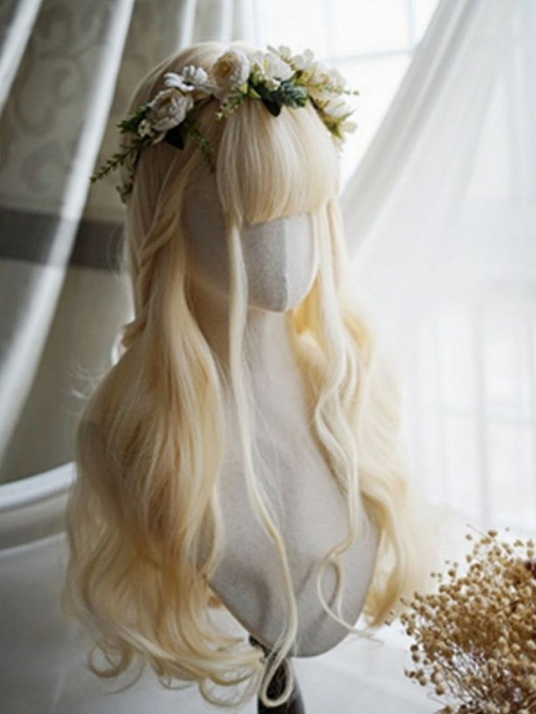 Hellblonde lange gewellte Perücke mit vollem Pony