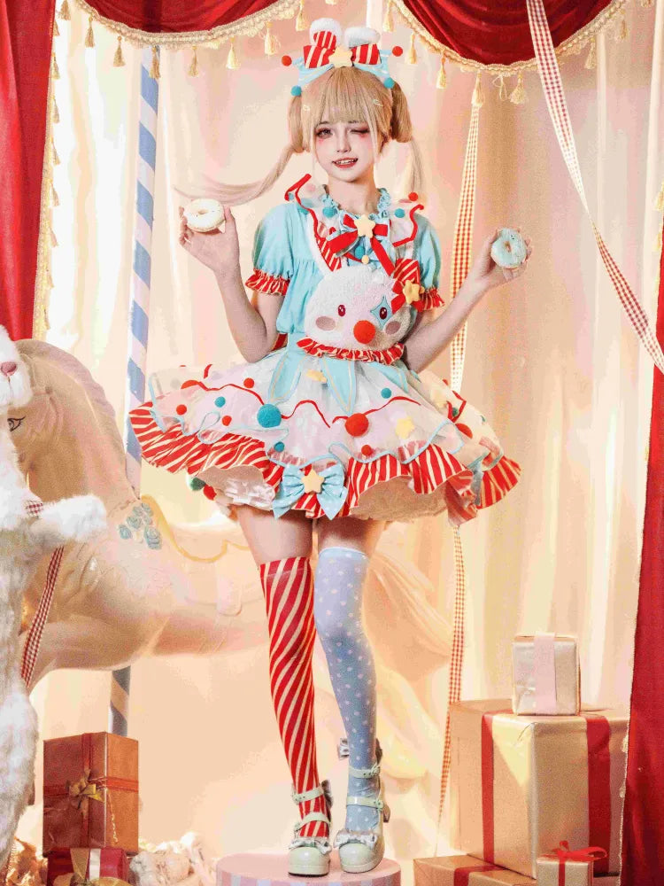 Fleece Clown Bunny Bodice Green and Orange Circus Sweet Lolita Overalls Pastel Clowncore Dress