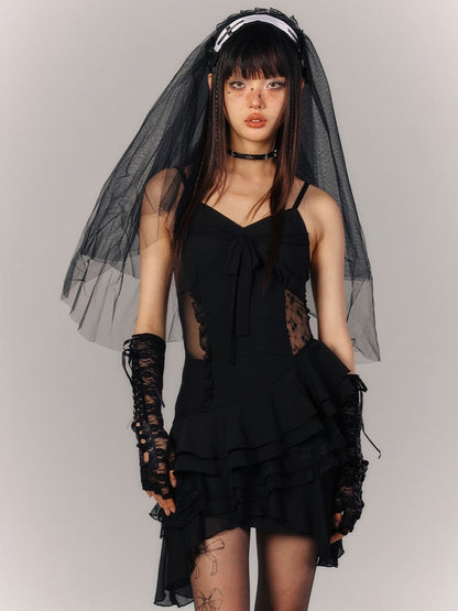 Short Tulle Black Floral Tiered Gothic with Dress Asymmetric Slip Hem Embroidery