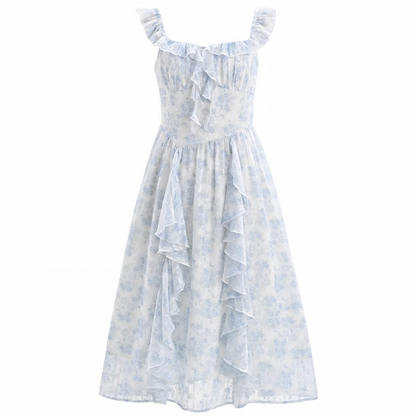 Sleeves Blue Flutter Cascading Ruffle Light Accents Floral Sleeveless Dress
