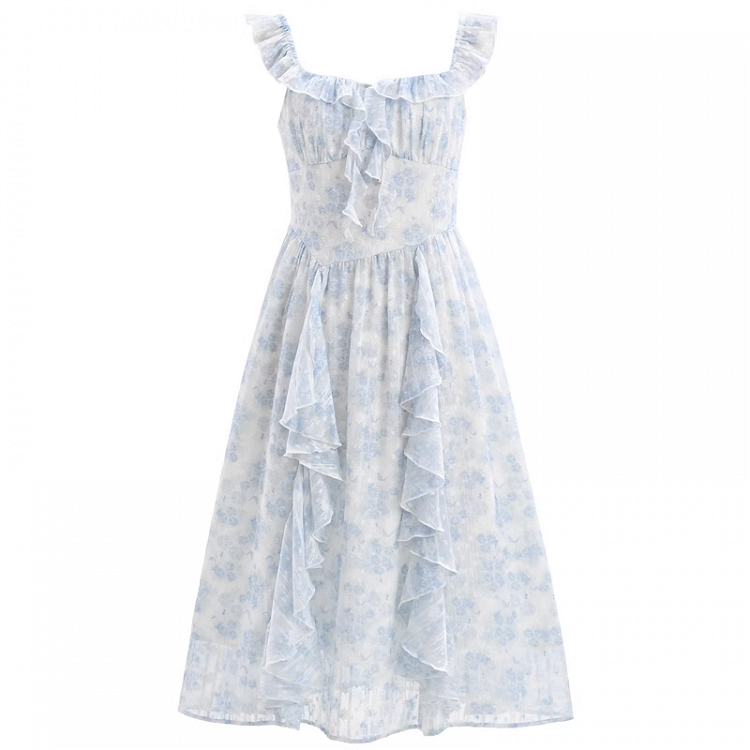Sleeves Cascading Ruffle Accents Floral Sleeveless Dress Light Blue Flutter