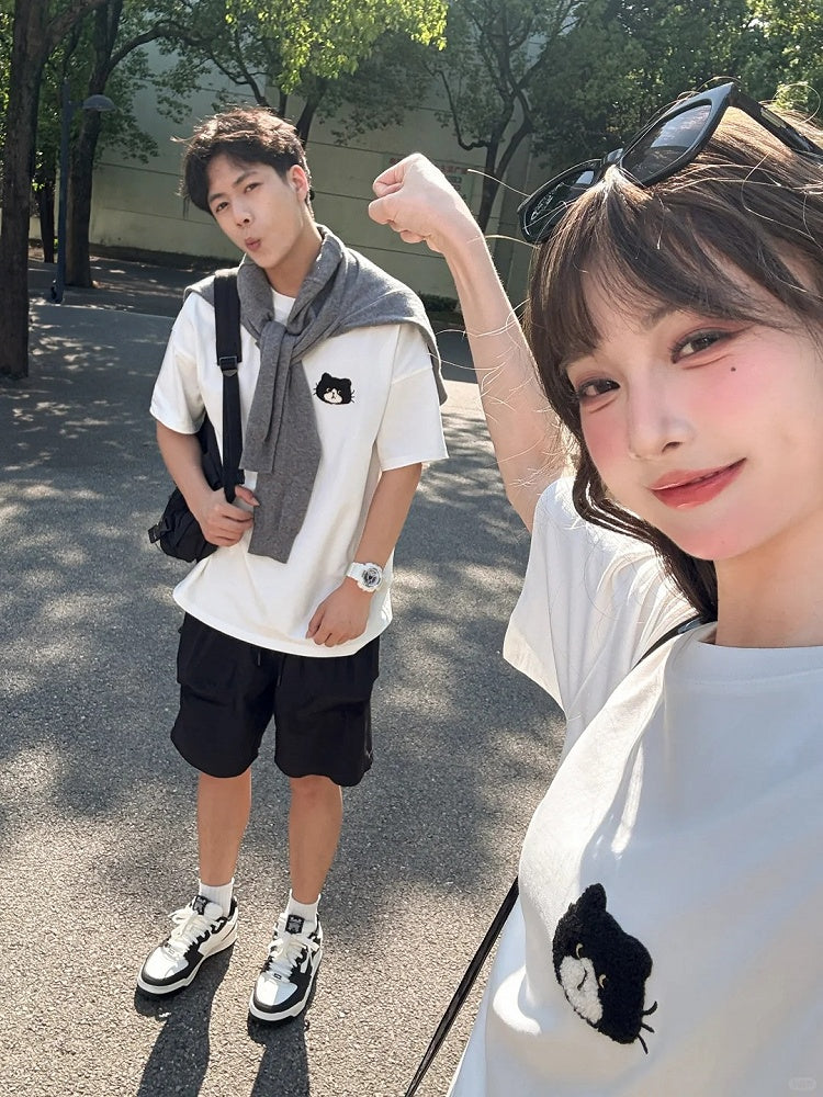 アップリケ ルーズ ホワイト ラウンドネック キティ 刺繍 Tシャツ