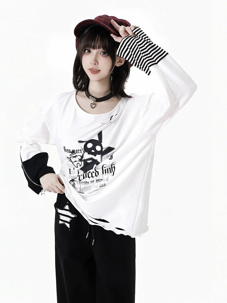 Distressed Zipper Print with Holes White Top and Long Cuffs Sleeve Rock