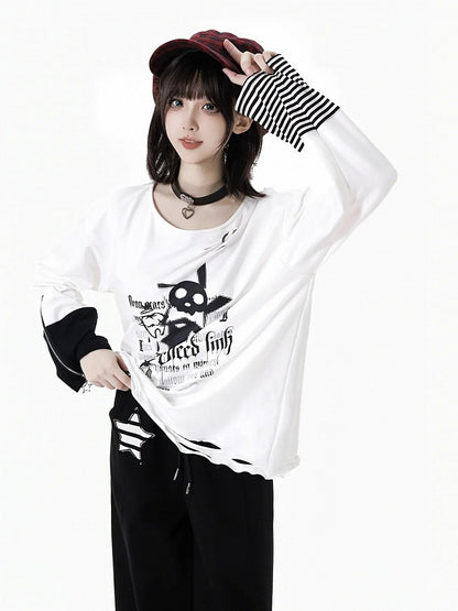 Distressed Zipper Print with Holes White Top and Long Cuffs Sleeve Rock