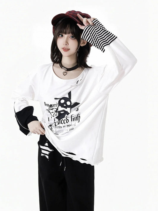 Distressed Zipper Print with Holes White Top and Long Cuffs Sleeve Rock